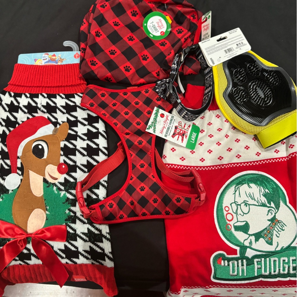 Brand new dog sweater, brush, collar & harness